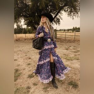 Chasing Unicorns - Dream On Ruffle Maxi Dress. Blue and Pink. Small.